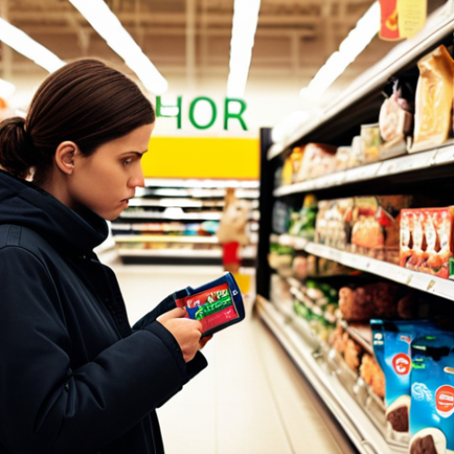 **

A person standing in a supermarket aisle, looking thoughtfully at a product, with a "24-hour rule" thought bubble above their head. The background is a blurred but recognizable supermarket setting with various products on shelves. The overall tone is one of mindful shopping and resisting impulse purchases. Focus on a relatable, everyday scenario.

**